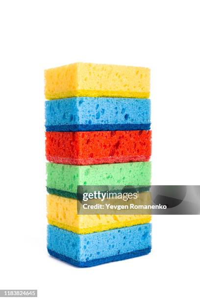 stack of brand new colourful sponges isolated on white background - bath sponge stock pictures, royalty-free photos & images