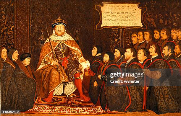 king henry viii presents charter to barber-surgeons - troon stockfoto's en -beelden