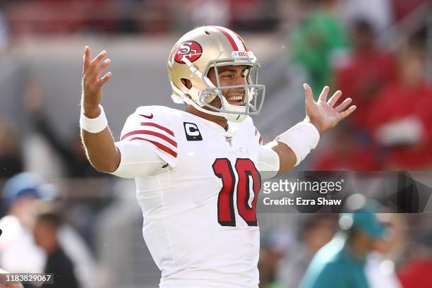 Jimmy Garoppolo of the San Francisco 49ers celebrates after a touchdown against the Carolina Panthers during the second quarter at Levi's Stadium on...