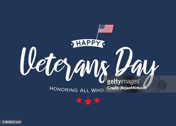 happy veterans day lettering blue card. vector - us veteran's day stock illustrations