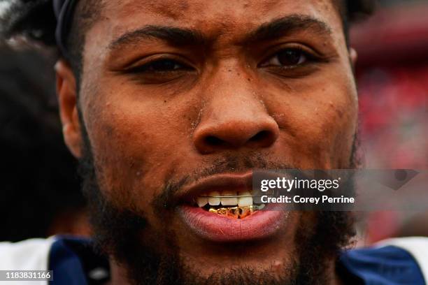 Jessie Lemonier of the Liberty Flames talks after the game at SHI Stadium on October 26, 2019 in Piscataway, New Jersey. Rutgers defeated Liberty...