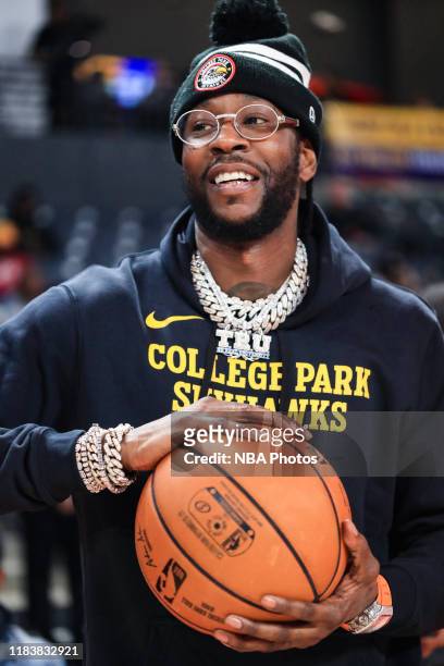 Rapper 2 Chainz looks on during an NBA G-League game between the College Park Skyhawks and the Delaware Blue Coats on November 21, 2019 at Gateway...