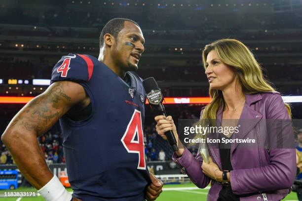 Houston Texans quarterback Deshaun Watson is interviewed by Fox Sports' Erin Andrews following the football game between the Indianapolis Colts and...