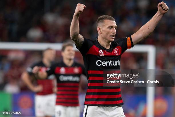 Mitchell Duke of the Wanderers celebrates after victory during the round three A-League match between the Western Sydney Wanderers and Sydney FC at...