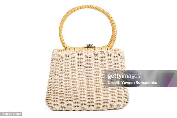 woman wicker handbag isolated on white background - handbag stock pictures, royalty-free photos & images