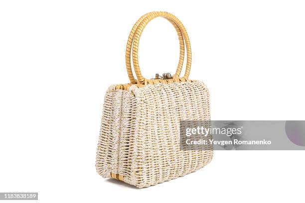 woven purse isolated on white background - vintage handbag stock pictures, royalty-free photos & images