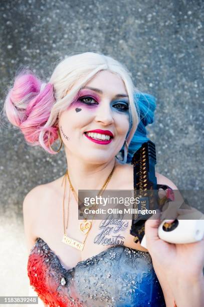 Cosplayer in character as Harley Quinn during day 3 of the October MCM London Comic Con 2019 at ExCel on October 27, 2019 in London, England.