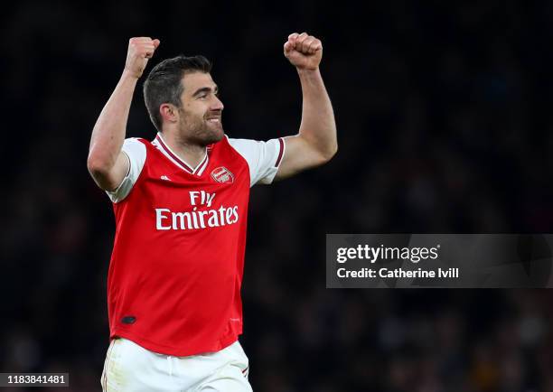 Sokratis Papastathopoulos of Arsenal celebrates his goal which is disalloewd following a VAR review during the Premier League match between Arsenal...