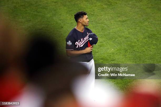 Joe Ross of the Washington Nationals looks on prior to Game Five of the 2019 World Series against the Houston Astros at Nationals Park on October 27,...