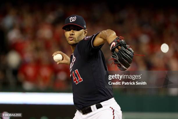 Joe Ross of the Washington Nationals delivers the pitch against the Houston Astros during the first inning in Game Five of the 2019 World Series at...