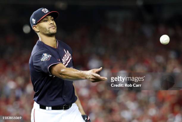 Joe Ross of the Washington Nationals throws out Martin Maldonado of the Houston Astros during the second inning in Game Five of the 2019 World Series...