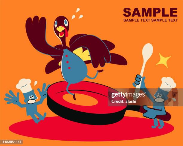 blauer mann koch kochen mit einer großen pfanne und truthahn entkommt am thanksgiving day - küche überrascht mann stock-grafiken, -clipart, -cartoons und -symbole