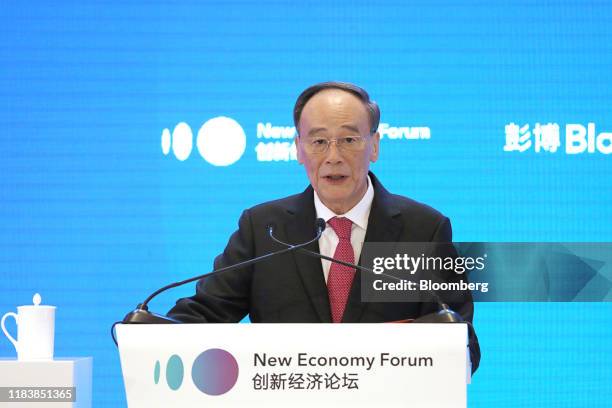 Wang Qishan, China's vice president, speaks during the opening keynote speech at the Bloomberg New Economy Forum in Beijing, China, on Thursday, Nov....