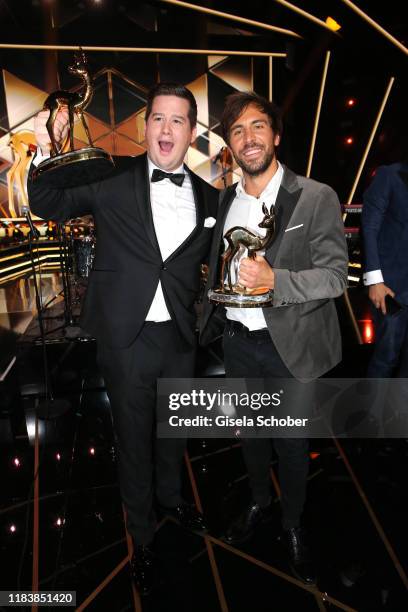 Chris Tall and Max Giesinger with award during the 71st Bambi Awards final applause at Festspielhaus Baden-Baden on November 21, 2019 in Baden-Baden,...