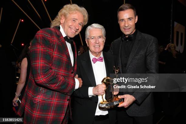 Thomas Gottschalk, Frank Elstner, Kai Pflaume during the 71st Bambi Awards final applause at Festspielhaus Baden-Baden on November 21, 2019 in...