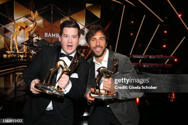 Chris Tall and Max Giesinger with award during the 71st Bambi Awards final applause at Festspielhaus Baden-Baden on November 21, 2019 in Baden-Baden,...