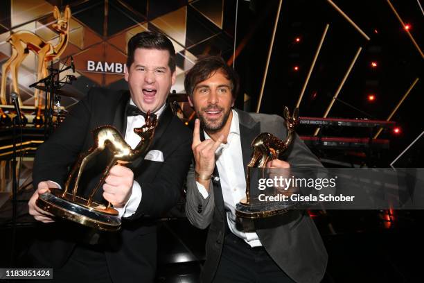 Chris Tall and Max Giesinger with award during the 71st Bambi Awards final applause at Festspielhaus Baden-Baden on November 21, 2019 in Baden-Baden,...