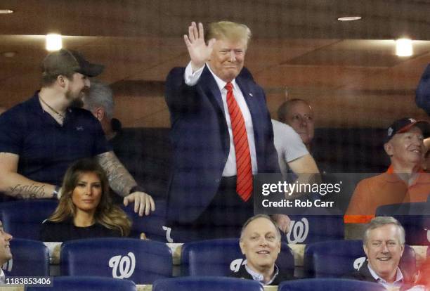 President Donald Trump attends Game Five of the 2019 World Series between the Houston Astros and the Washington Nationals at Nationals Park on...