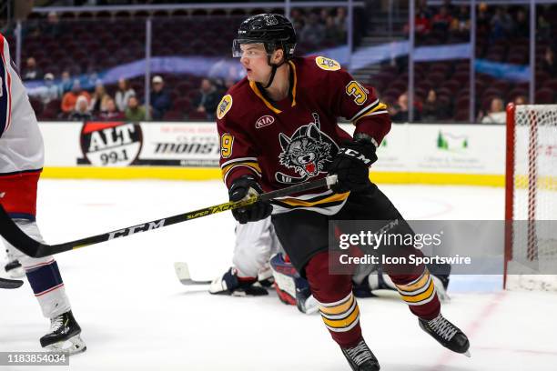 Chicago Wolves center Reid Duke on the ice during the third period of the American Hockey League game between the Chicago Wolves and Cleveland...