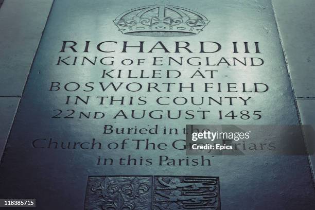 Commemorative stone laid to King Richard III in Leicester Cathedral, Leicestershire, England, 1989.