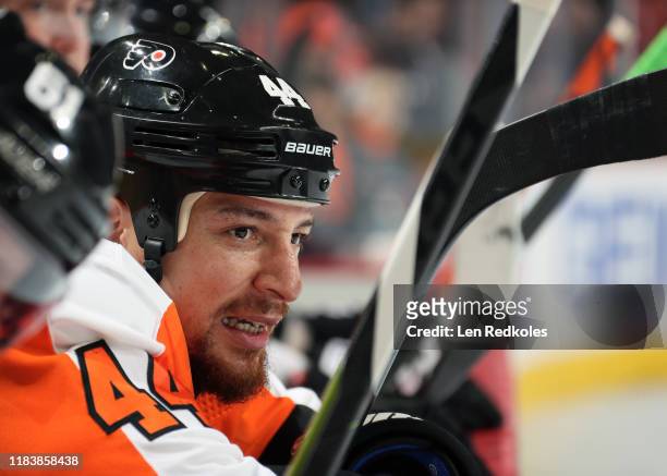 Chris Stewart of the Philadelphia Flyers looks on from the bench against the Vegas Golden Knights on October 21, 2019 at the Wells Fargo Center in...