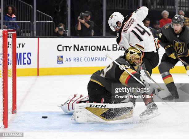 Adam Henrique of the Anaheim Ducks scores a goal against Marc-Andre Fleury of the Vegas Golden Knights in the third period of their game at T-Mobile...
