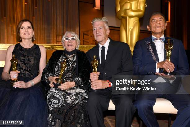 Geena Davis, Lina Wertmüller, David Lynch, and Wes Studi attend the Academy Of Motion Picture Arts And Sciences' 11th Annual Governors Awards at The...