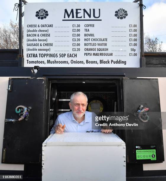 Leader of the Labour Party, Jeremy Corbyn poses during a visit to The Oatcake Boat on the Trent & Mersey Canal on November 22, 2019 in Stoke on...