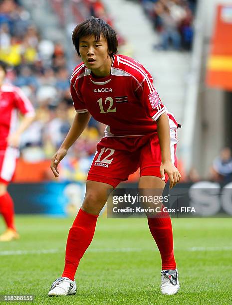 Jon Myong Hwa of Korea DPR during the FIFA Women's World Cup 2011 Group C match between North Korea and Sweden at FIFA World Cup Stadium Augsburg on...