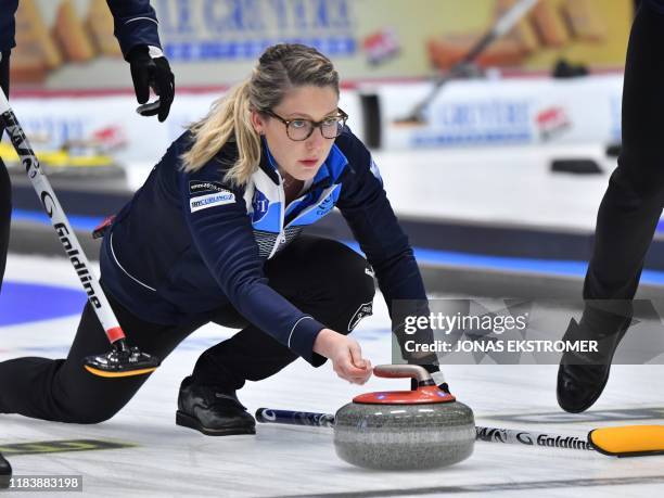 Scotland's Lauren Gray is in action during the Women's semifinal between Scotland and Switzerland at the European Curling Championships in...