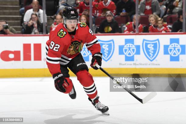 Alexander Nylander of the Chicago Blackhawks skates in the first period against the Washington Capitals at the United Center on October 20, 2019 in...