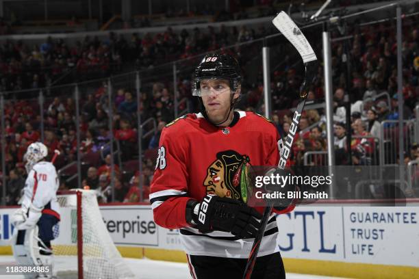 Patrick Kane of the Chicago Blackhawks looks across the ice in the first period against the Washington Capitals at the United Center on October 20,...