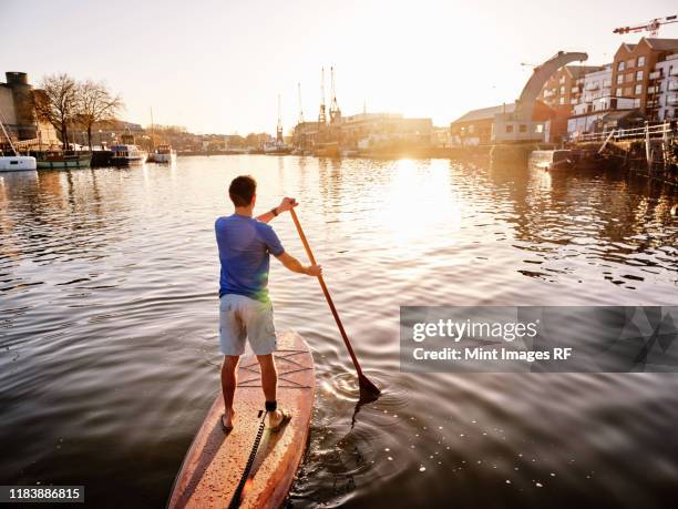 man standing on paddleboard on river at dawn, shot from behind - bristol england bildbanksfoton och bilder