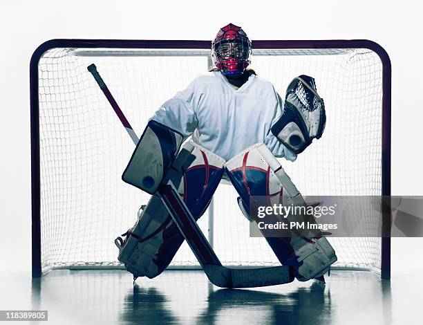 hockey goalie - portiere giocatore di hockey su ghiaccio foto e immagini stock