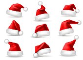 Realistic santa hats. Santa claus christmas holiday caps, celebration fluffy plush cute red winter headwear costume, 3d vector set