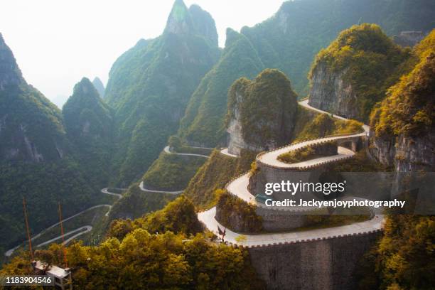 winding road with autumn forest, tianmxen mountain, zhangjiajie, hunan, china - bus road stock-fotos und bilder