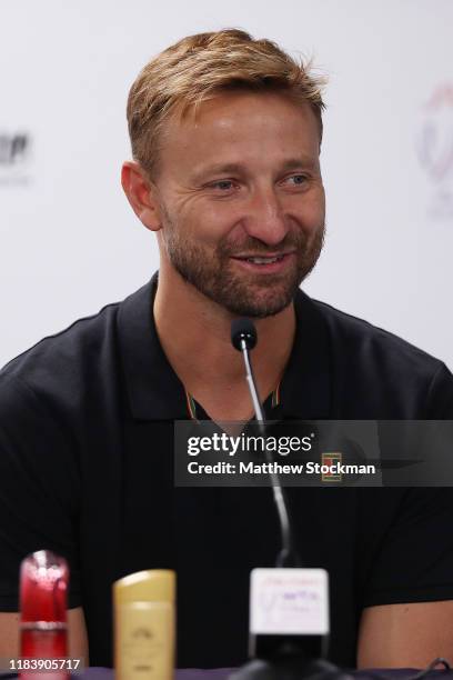 Jiri Vanek, coach of Petra Kvitova of the Czech Republic, fields questions from the media during a press conference on Day Two of the 2019 WTA Finals...