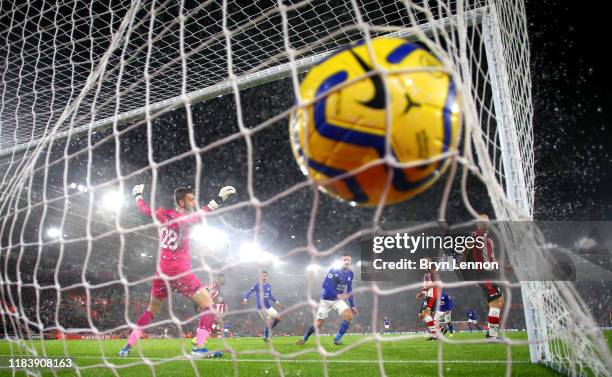 Jamie Vardy of Leicester City scores his team's seventh goal past Angus Gunn of Southampton during the Premier League match between Southampton FC...