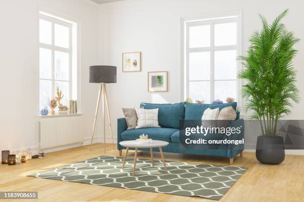 intérieur moderne de salle de séjour avec le sofa confortable - chambre bien rangée photos et images de collection