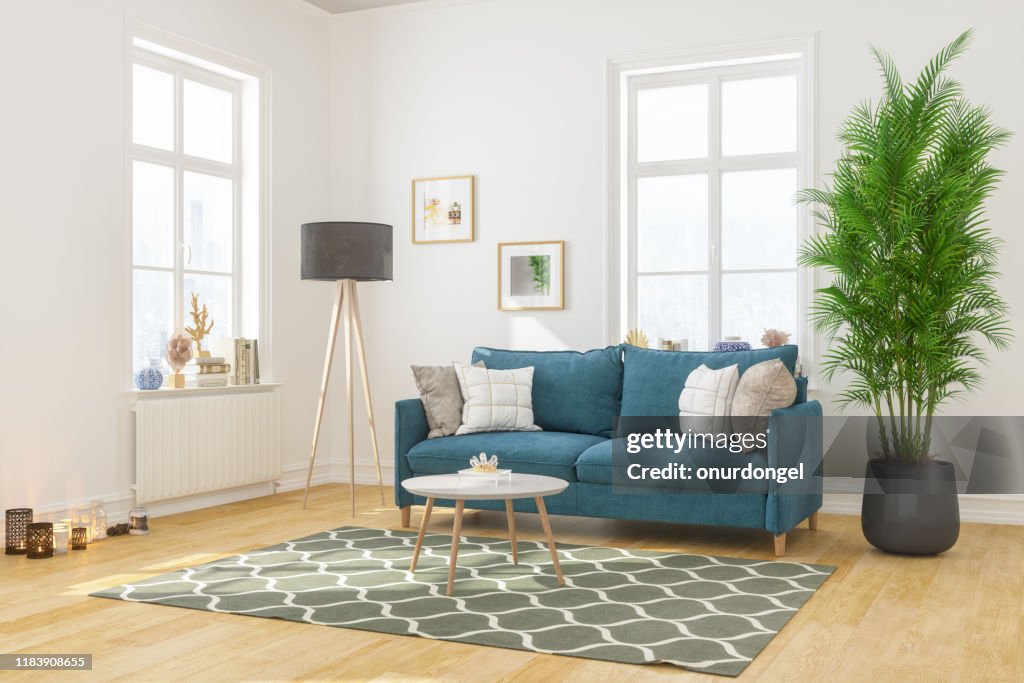 Modern vardagsrums inredning med bekväm soffa
