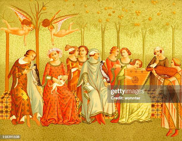 stockillustraties, clipart, cartoons en iconen met women of the renaissance in italy - een instrument plukken