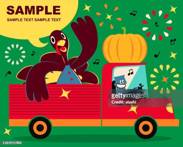 微笑的藍色男子駕駛一輛卡車運載感恩節火雞 - thanksgiving vector 幅插畫檔、美工圖案、卡通及圖標