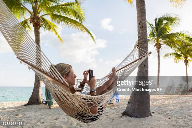 woman in hammock  using her smart phone - hammock phone stock pictures, royalty-free photos & images