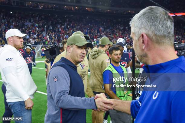 Houston Texans head coach Bill O'Brien shakes hands with Indianapolis Colts head coach Frank Reich followig the football game between the...