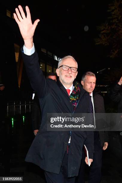 Labour Party leader Jeremy Corbyn waves as he arrives to take part in BBC Question Time leaders' special at The Octagon Centre on November 22, 2019...