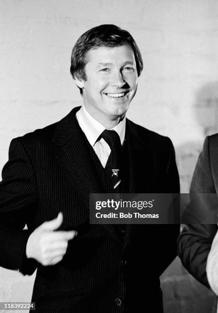 Aberdeen manager Alex Ferguson smiling after their victory over Ipswich Town in the UEFA Cup 1st round 2nd leg at Pittodrie Stadium in Aberdeen, 30th...