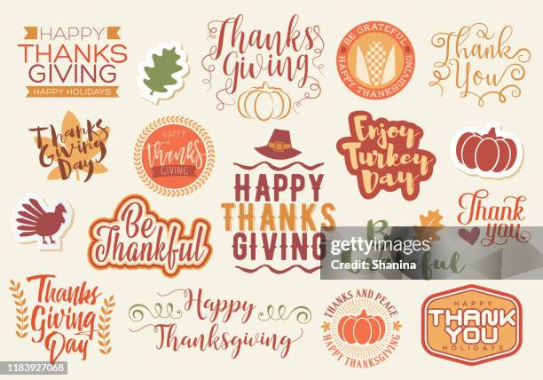 thanksgiving lettering labels - thanksgiving holiday icons stock illustrations