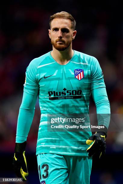 Jan Oblak of Club Atletico de Madrid looks on during the Liga match between Club Atletico de Madrid and Athletic Club at Wanda Metropolitano on...