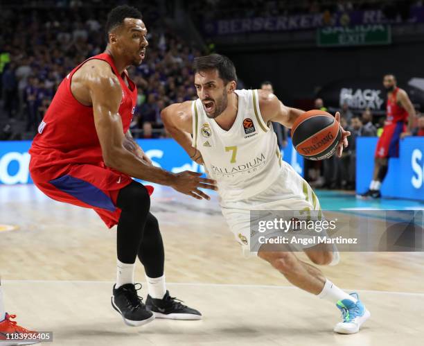 Facundo Campazzo, #7 of Real Madrid competes with Joel Bolomboy, #3 of CSKA Moscow during the 2019/2020 Turkish Airlines EuroLeague Regular Season...