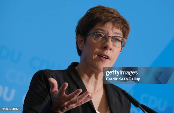 Annegret Kramp-Karrenbauer, leader of the German Christian Democrats , speaksto the media the day after state elections in Thuringia on October 28,...